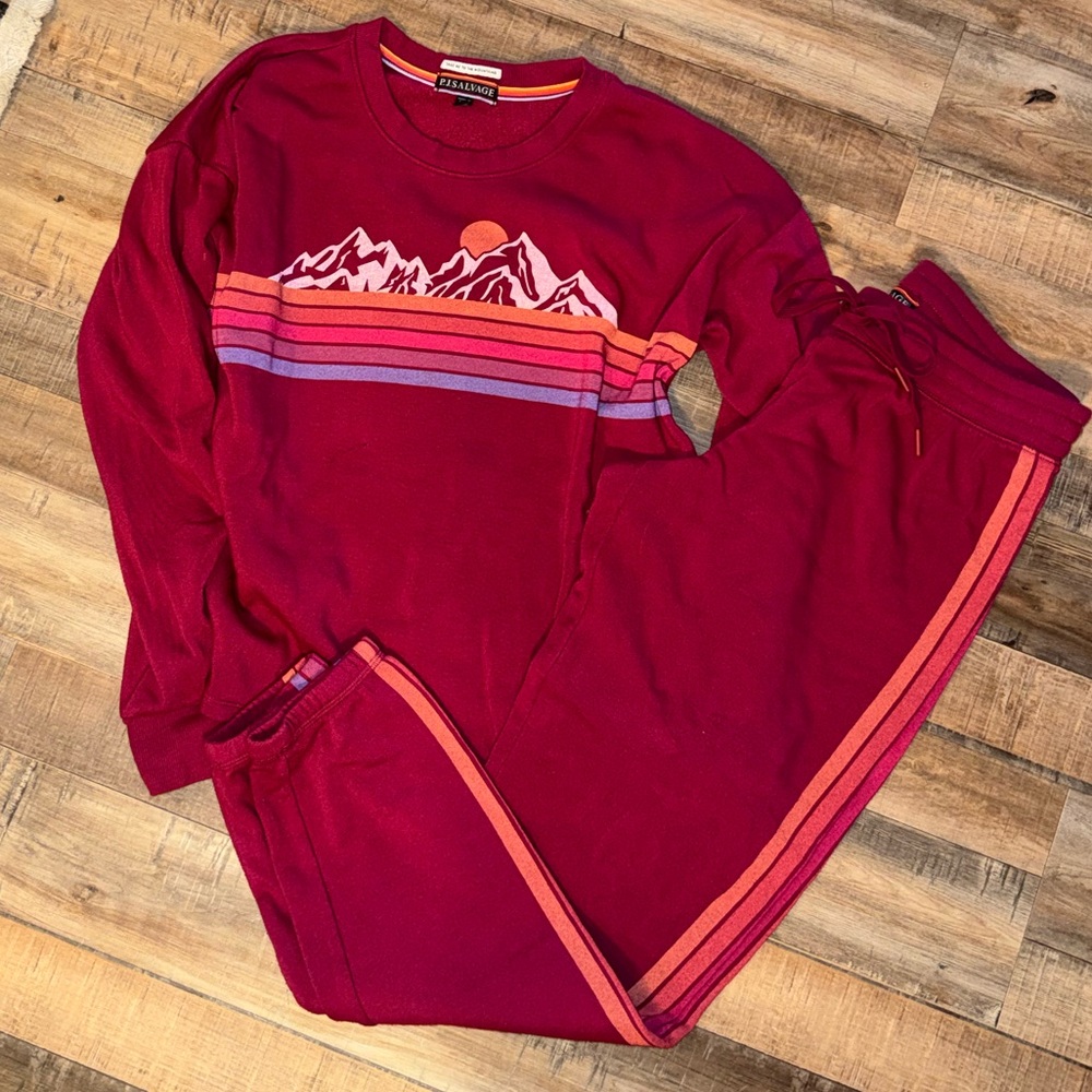 PJ SALVAGE Magenta Striped Lounge Mountain Scape Long Sleeve Tee & Jogger Set S